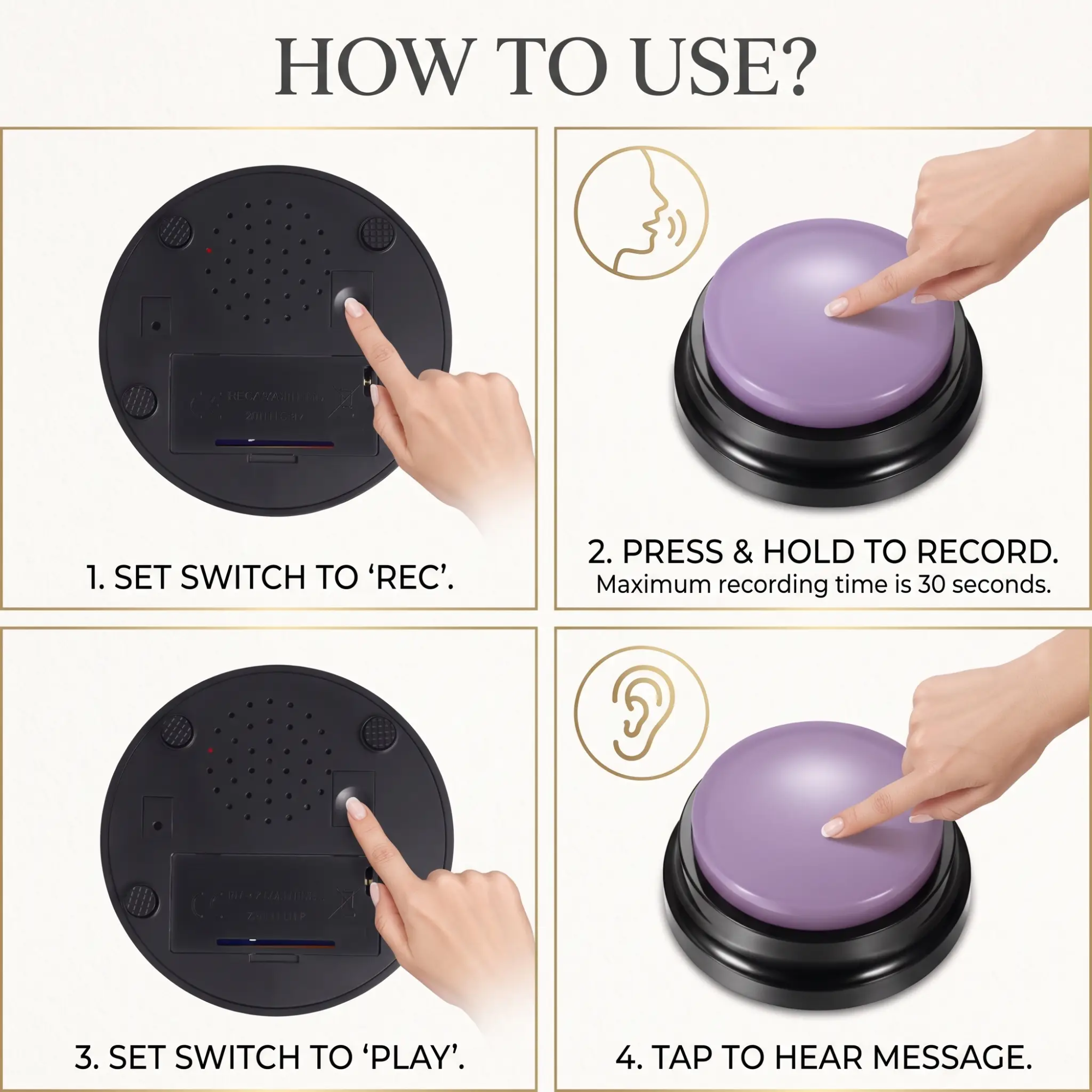 How to use: set the switch to REC, press and hold to record for up to 30 seconds, set the switch to PLAY, then tap to hear the message