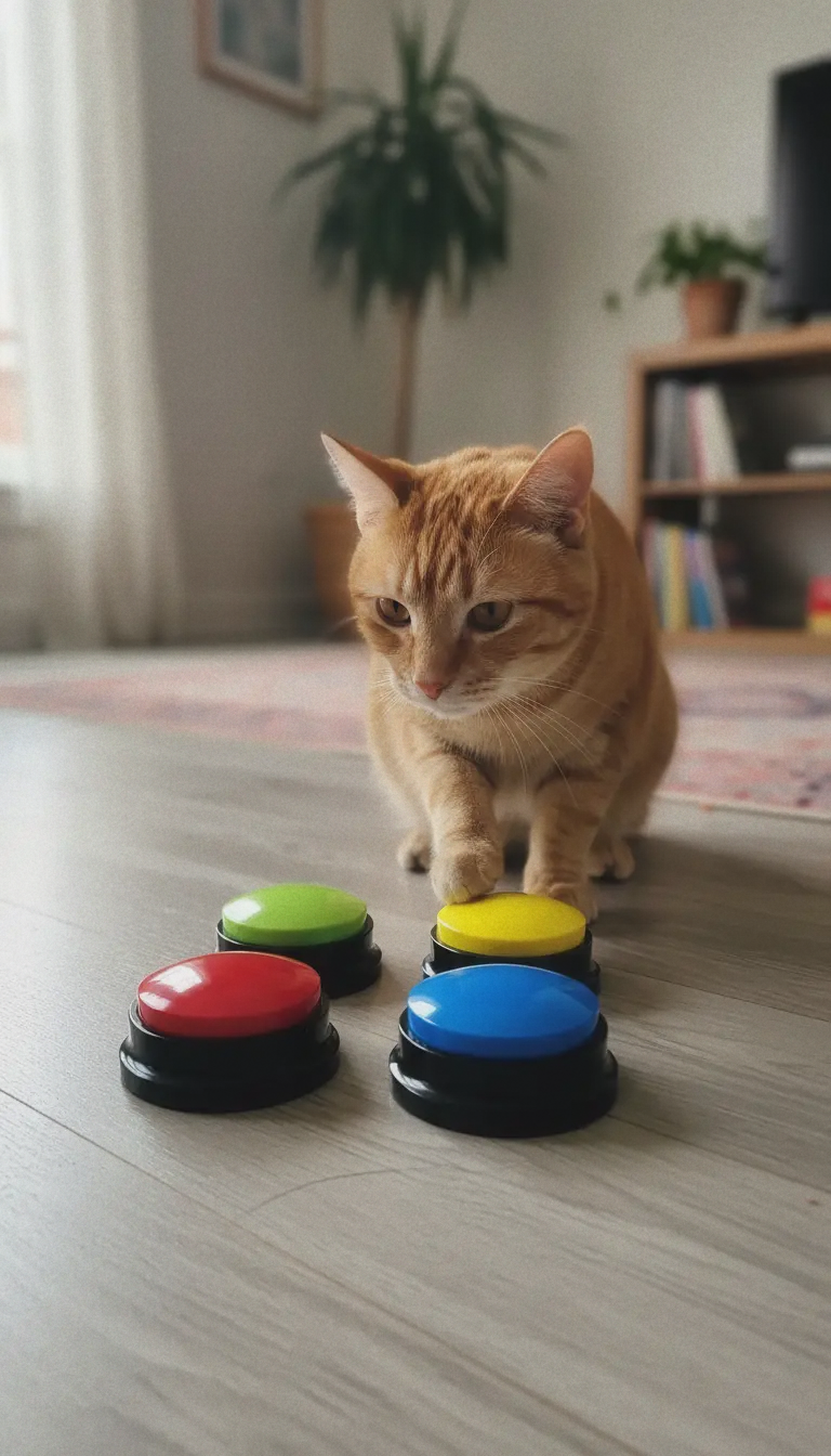 An orange cat pressing a yellow PawVoice button