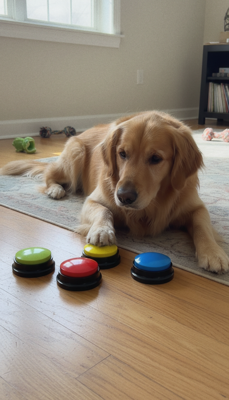 A golden retriever pressing a yellow PawVoice button