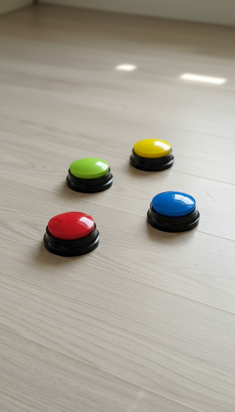 Four PawVoice buttons on a wood floor