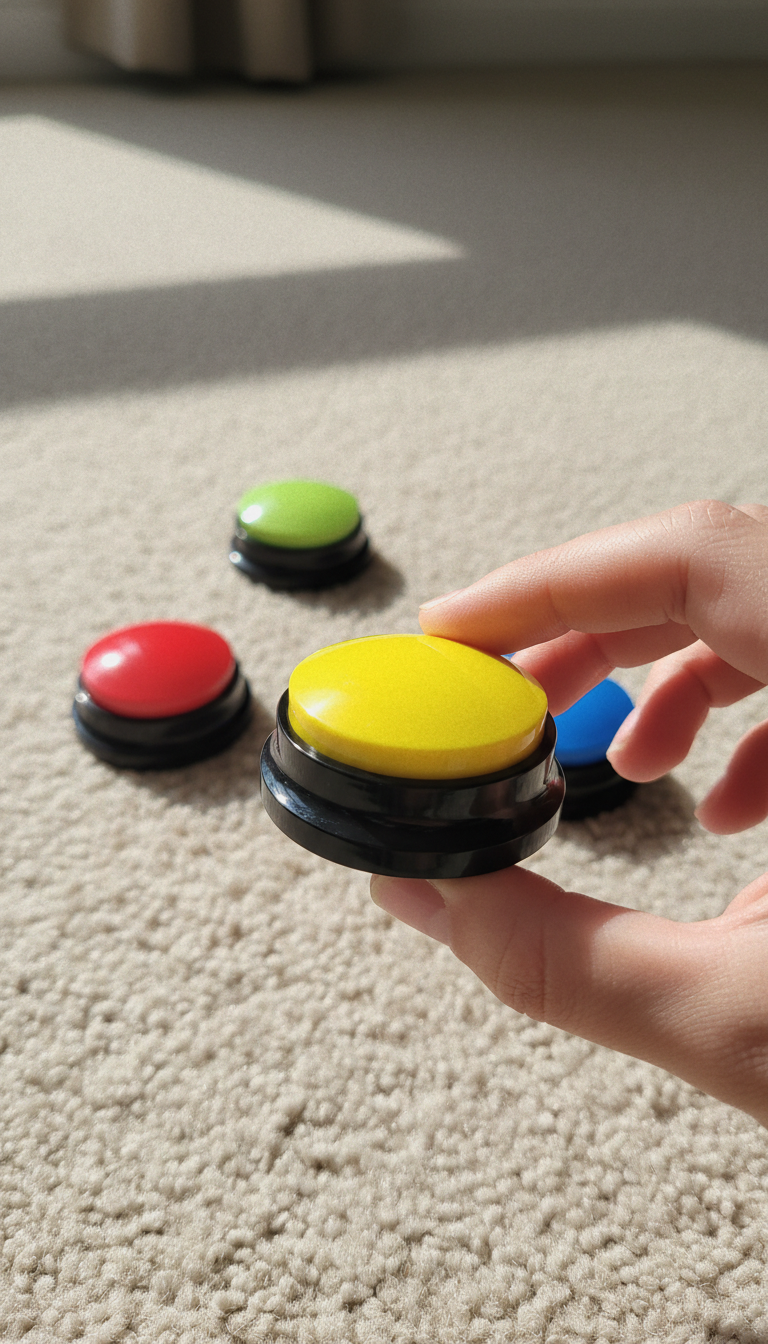 A hand holding a yellow PawVoice button